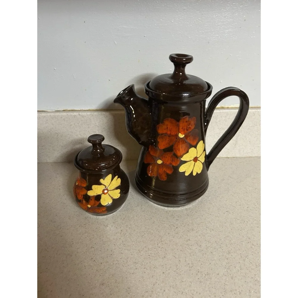 Vintage 70's Hand painted Tea/coffee Pot With Sugar Bowl Clay Glazed Flowers‎